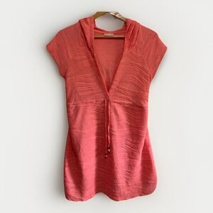 Wearabouts Hooded Tunic Top Womens Medium Coral Pink Textured Cap Sleeve V-Neck